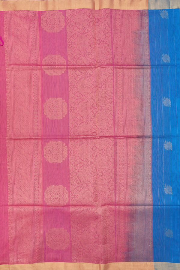 Kora Silk Cotton Saree In Blue With Stripes Design