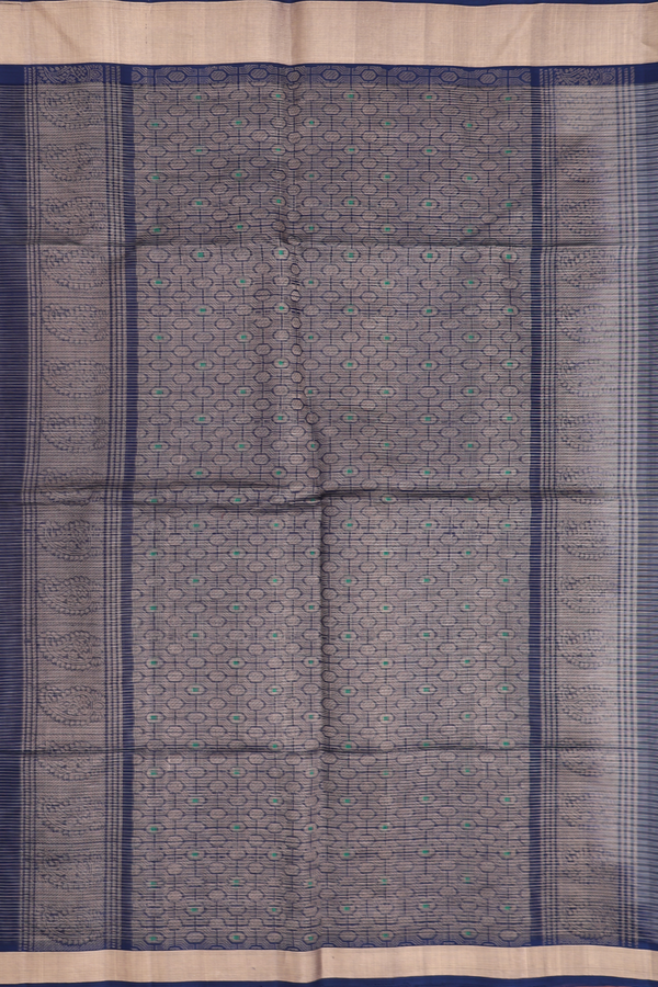 Kora Silk Cotton Saree In Blue With Stripes Design