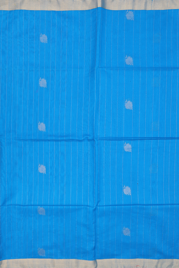 Kora Silk Cotton Saree In Blue With Stripes Design