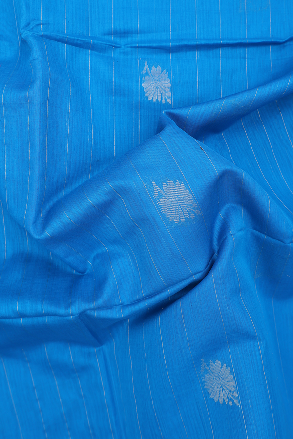 Kora Silk Cotton Saree In Blue With Stripes Design