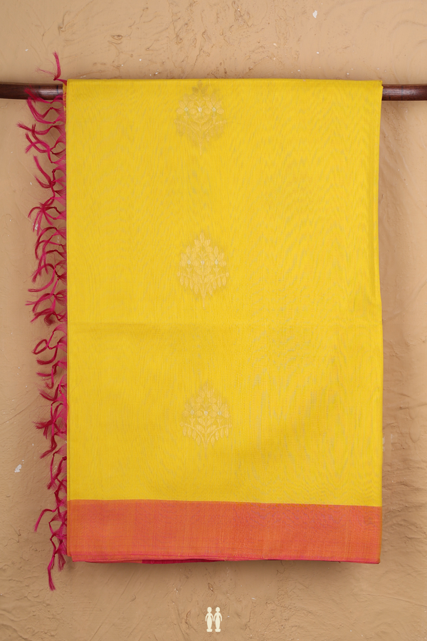 Kora Silk Cotton Saree In Bright Yellow With Floral Motifs