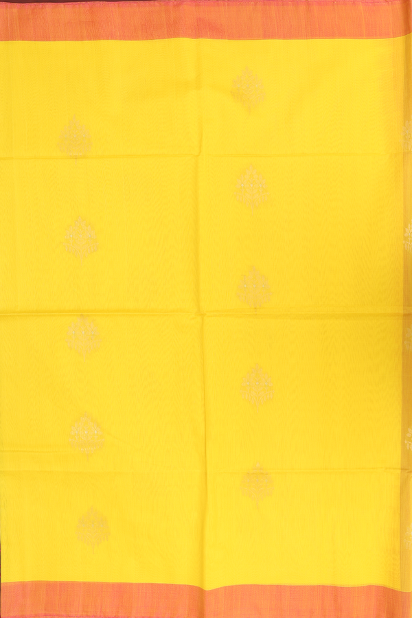 Kora Silk Cotton Saree In Bright Yellow With Floral Motifs