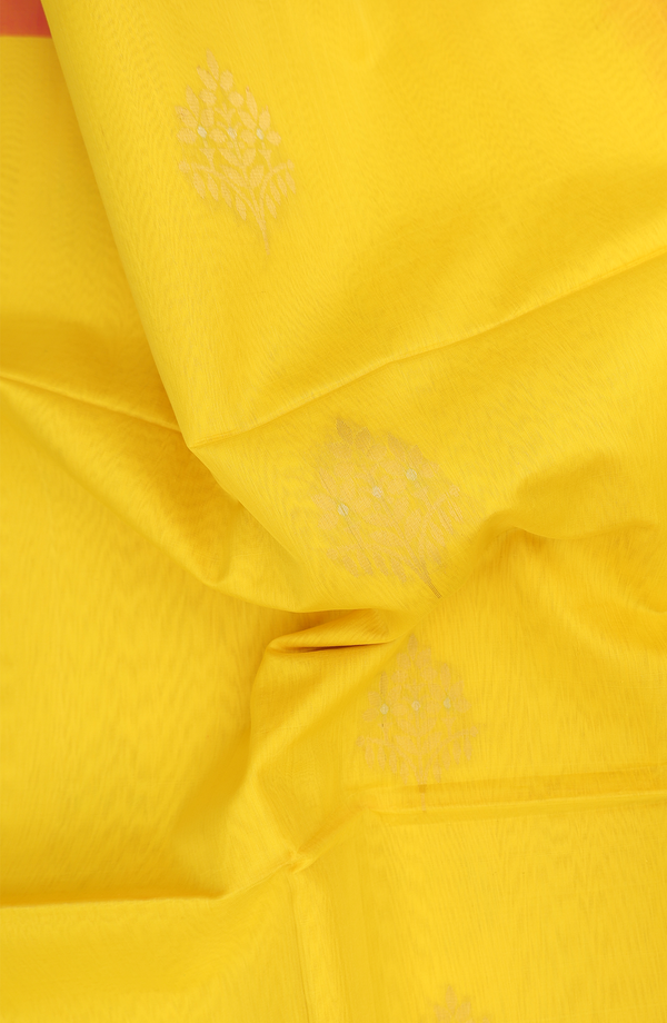 Kora Silk Cotton Saree In Bright Yellow With Floral Motifs