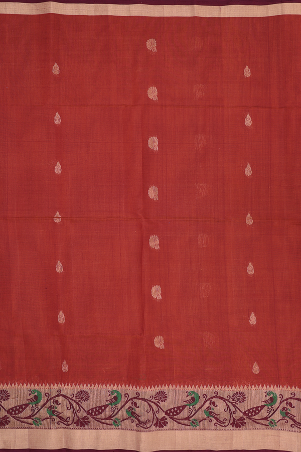 Kora Silk Cotton Saree In Brick Red In Floral Buttas