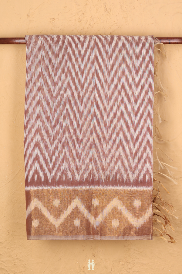 Kora Silk Cotton Saree In Brown With Chevron Design