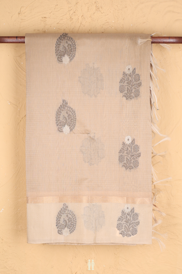 Kora Silk Cotton Saree In Brown With Floral Motifs