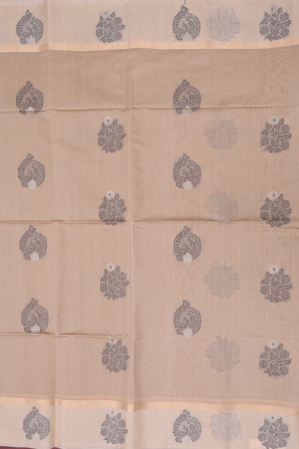 Kora Silk Cotton Saree In Brown With Floral Motifs