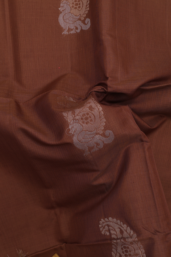 Kora Silk Cotton Saree In Brown With Peacock Motifs