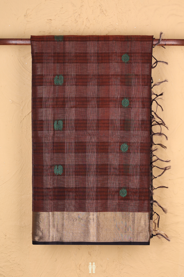 Kora Silk Cotton Saree In Brown With Checks Design