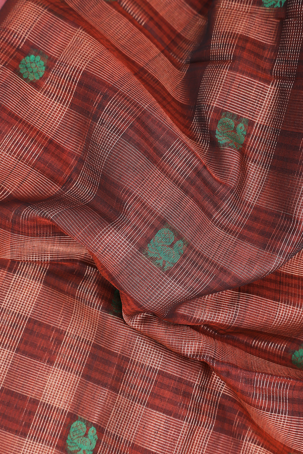 Kora Silk Cotton Saree In Brown With Checks Design