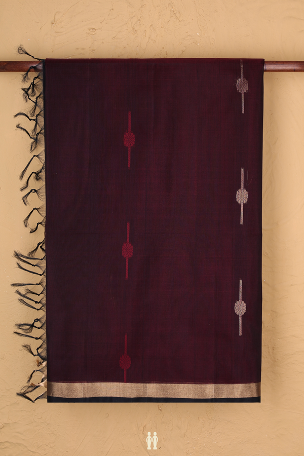 Kora Silk Cotton Saree In Burgundy Red With Floral Buttas