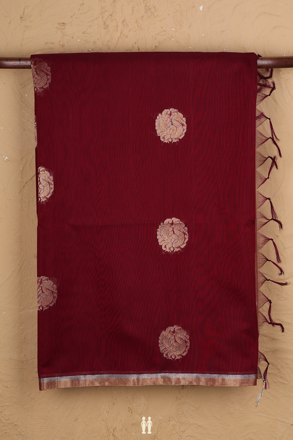 Kora Silk Cotton Saree In Burgundy Red With Peacock Motifs