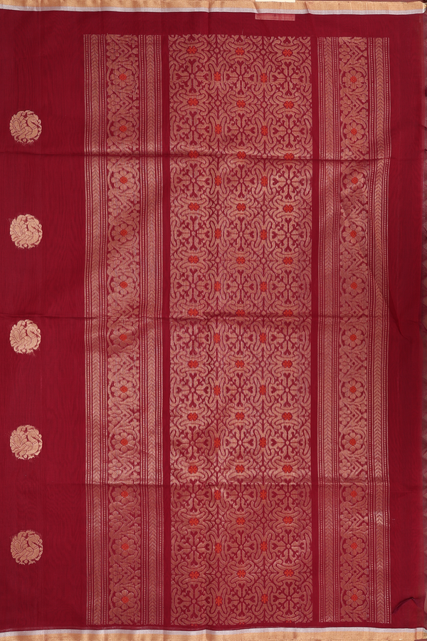 Kora Silk Cotton Saree In Burgundy Red With Peacock Motifs
