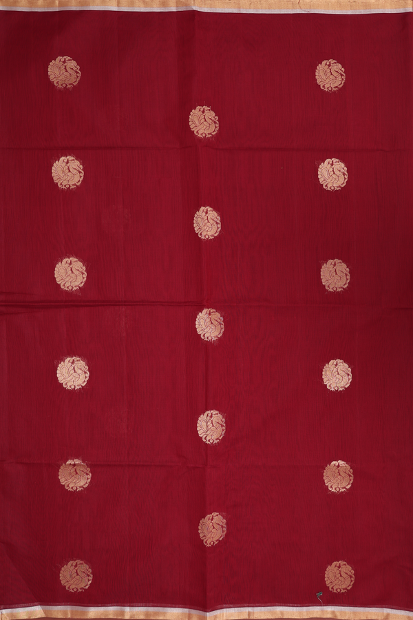 Kora Silk Cotton Saree In Burgundy Red With Peacock Motifs
