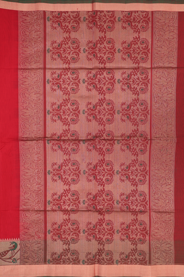 Kora Silk Cotton Saree In Chilli Red With Floral Buttas