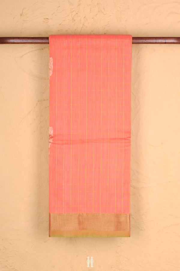 Kora Silk Cotton Saree In Coral Orange With Checks Design