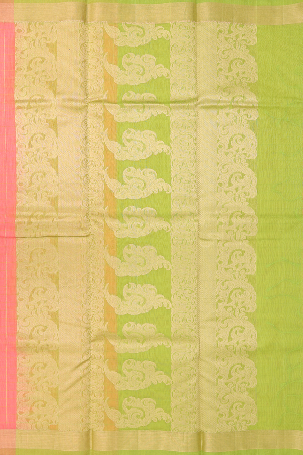 Kora Silk Cotton Saree In Coral Orange With Checks Design