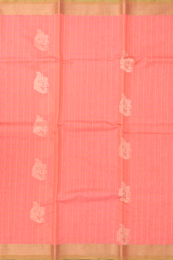 Kora Silk Cotton Saree In Coral Orange With Checks Design