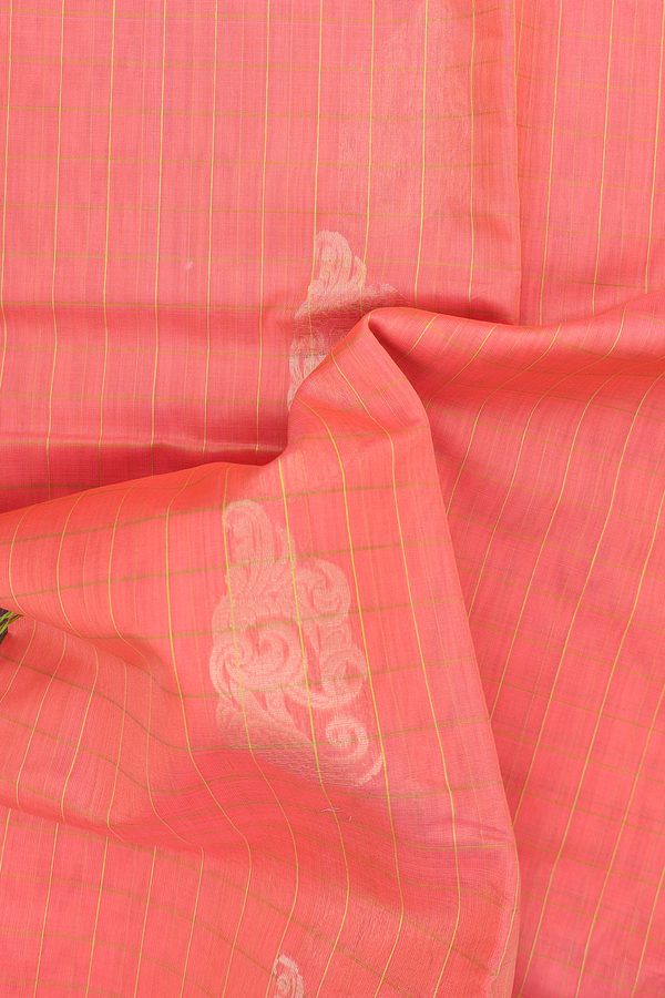 Kora Silk Cotton Saree In Coral Orange With Checks Design