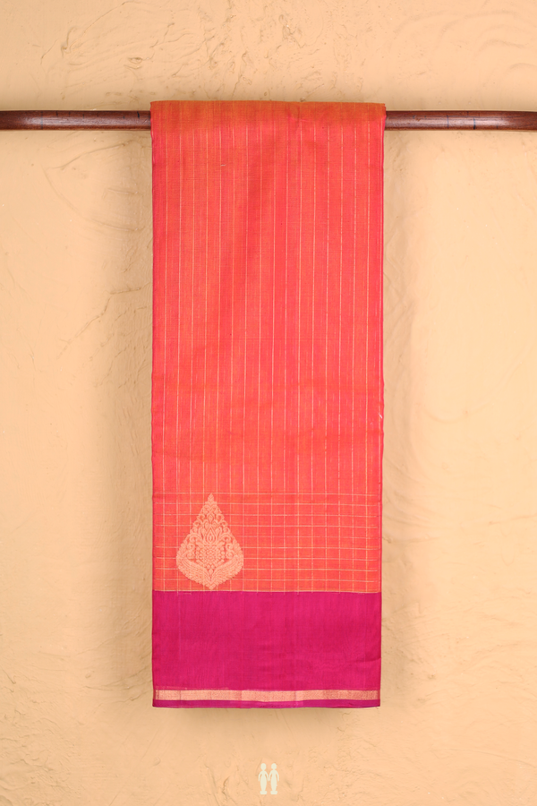 Kora Silk Cotton Saree In Coral Pink With Stripes Design