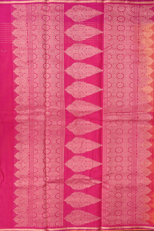 Kora Silk Cotton Saree In Coral Pink With Stripes Design