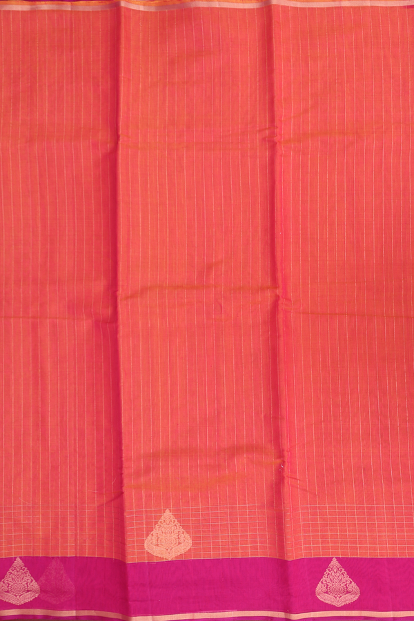 Kora Silk Cotton Saree In Coral Pink With Stripes Design