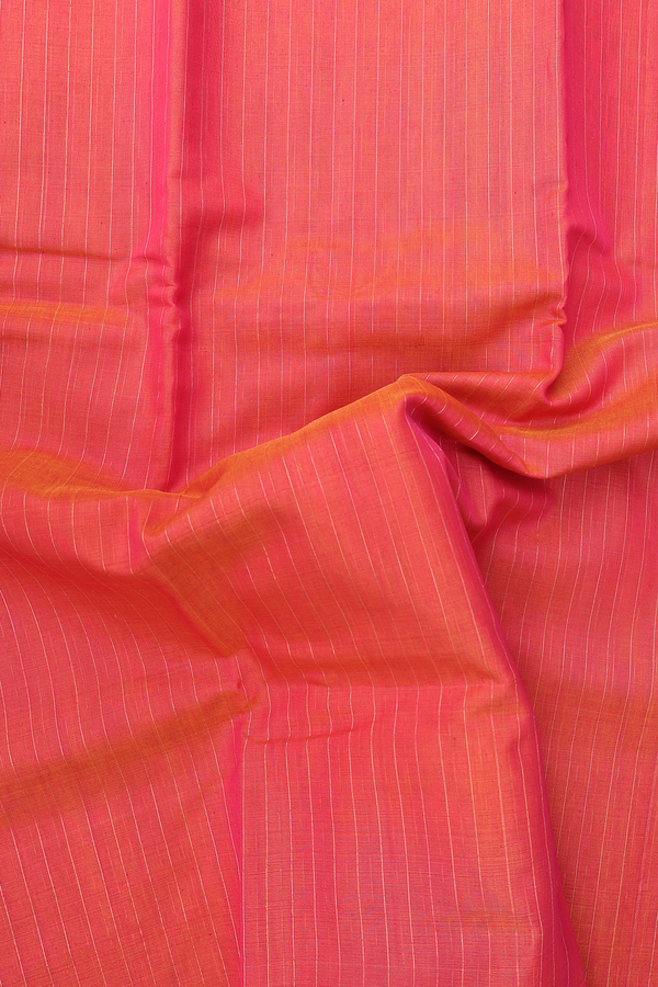 Kora Silk Cotton Saree In Coral Pink With Stripes Design