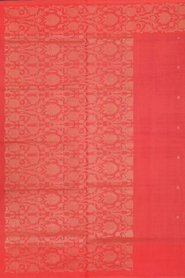 Kora Silk Cotton Saree In Coral Red With Zari Buttas