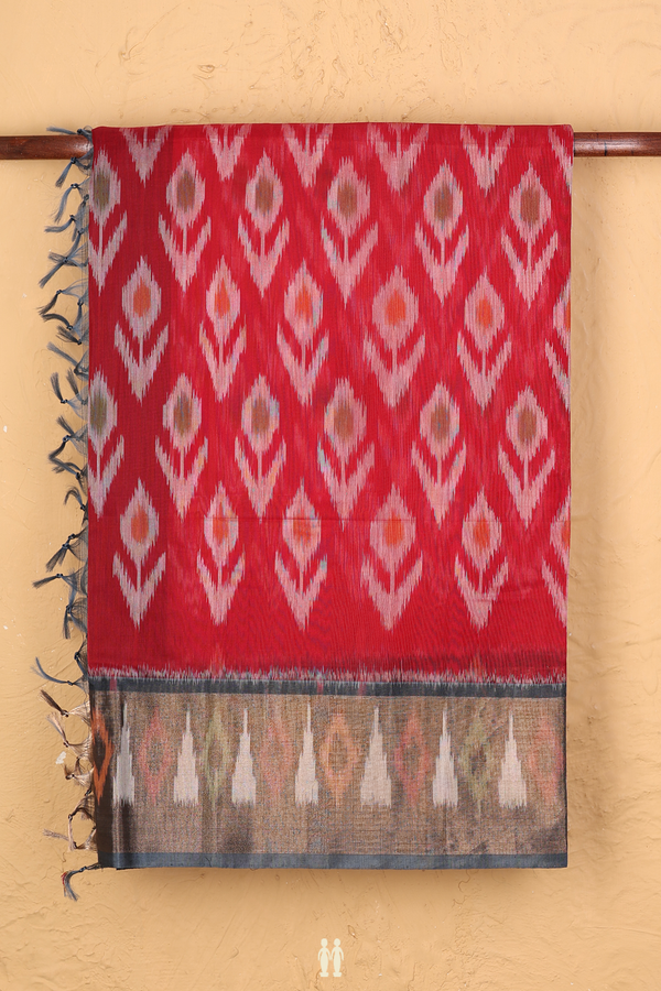 Kora Silk Cotton Saree In Crimson Red With Ikat Design