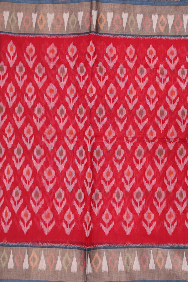 Kora Silk Cotton Saree In Crimson Red With Ikat Design