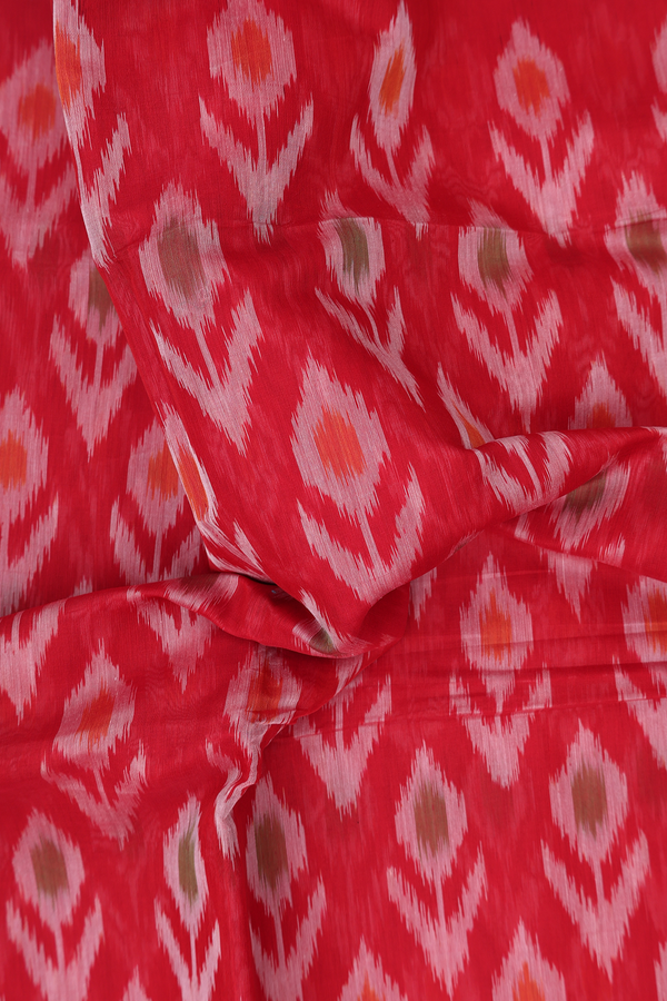 Kora Silk Cotton Saree In Crimson Red With Ikat Design