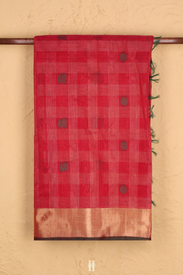 Kora Silk Cotton Saree In Crimson Red With Checks Design