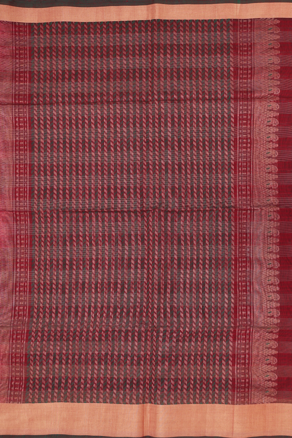 Kora Silk Cotton Saree In Crimson Red With Checks Design