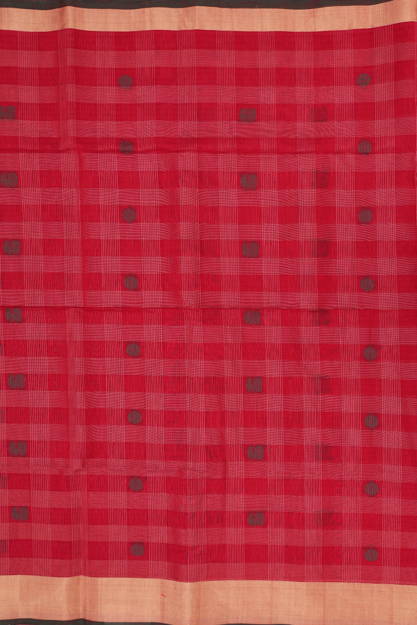 Kora Silk Cotton Saree In Crimson Red With Checks Design