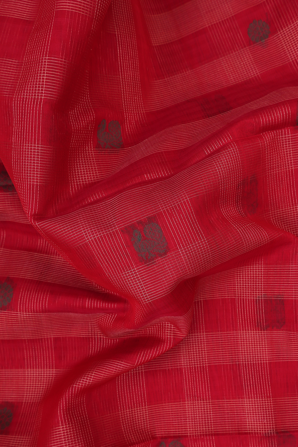 Kora Silk Cotton Saree In Crimson Red With Checks Design