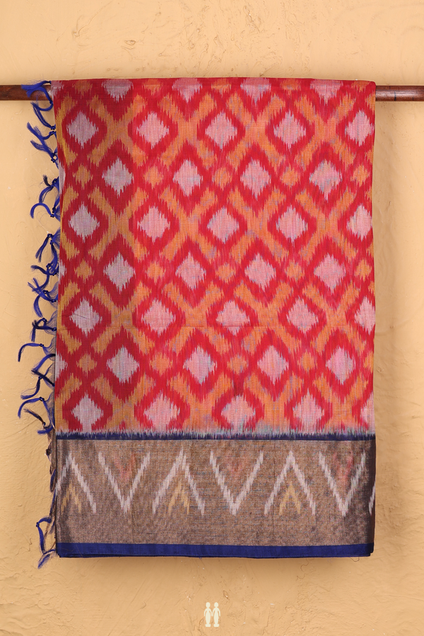 Kora Silk Cotton Saree In Crimson Red With Diamond Design