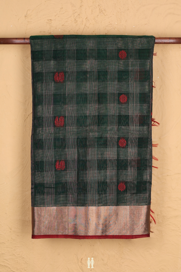 Kora Silk Cotton Saree In Dark Green With Checks Design