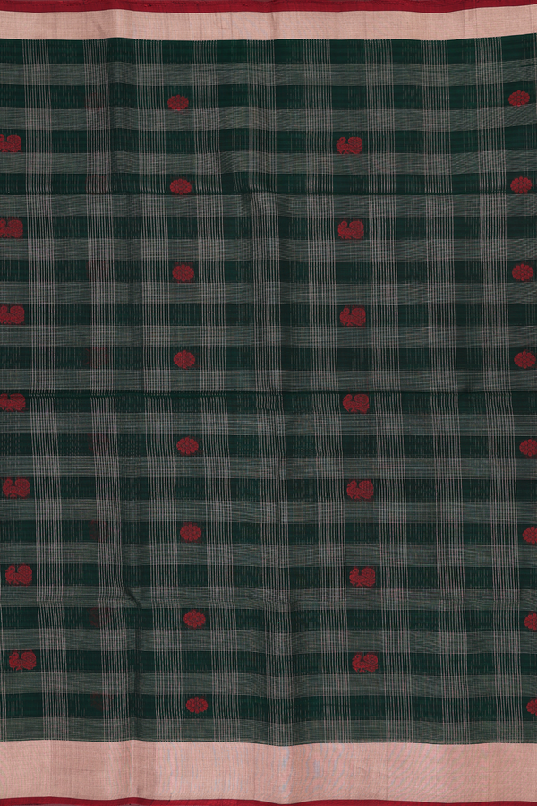 Kora Silk Cotton Saree In Dark Green With Checks Design