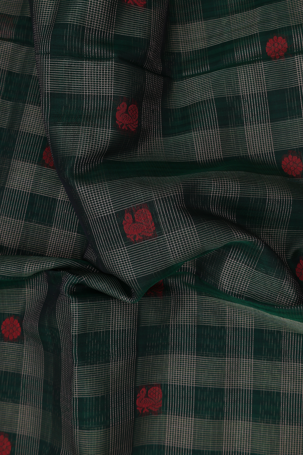 Kora Silk Cotton Saree In Dark Green With Checks Design