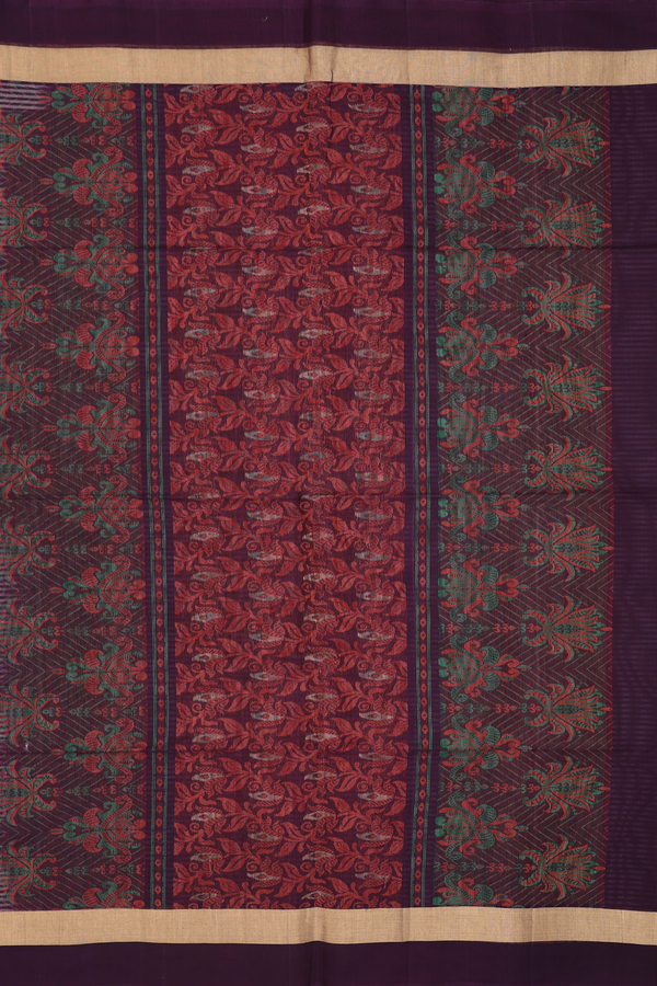 Kora Silk Cotton Saree In Dark Oak Brown With Allover Design