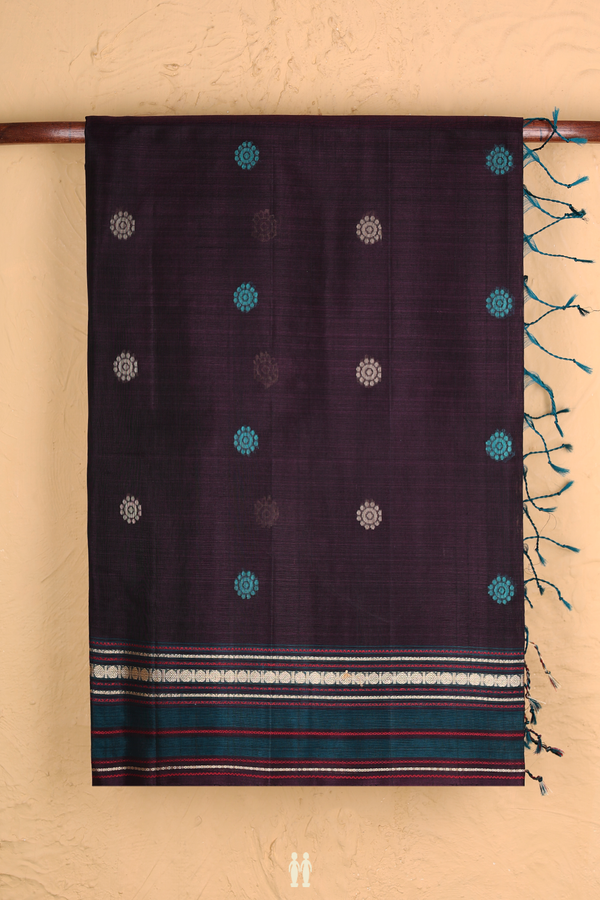 Kora Silk Cotton Saree In Dark Oak Brown With Threadwork Buttas