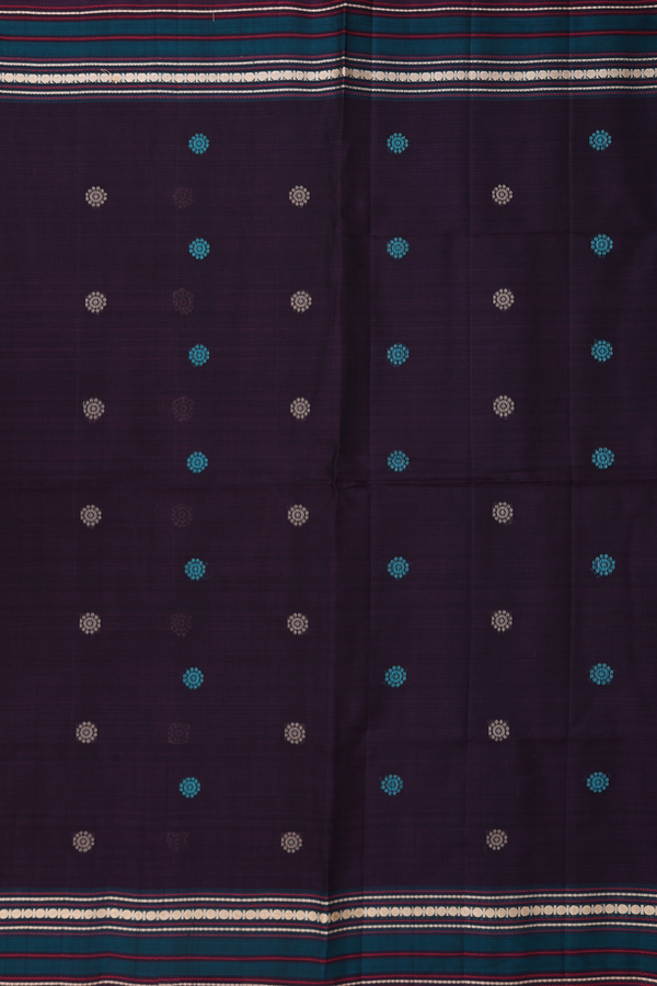 Kora Silk Cotton Saree In Dark Oak Brown With Threadwork Buttas