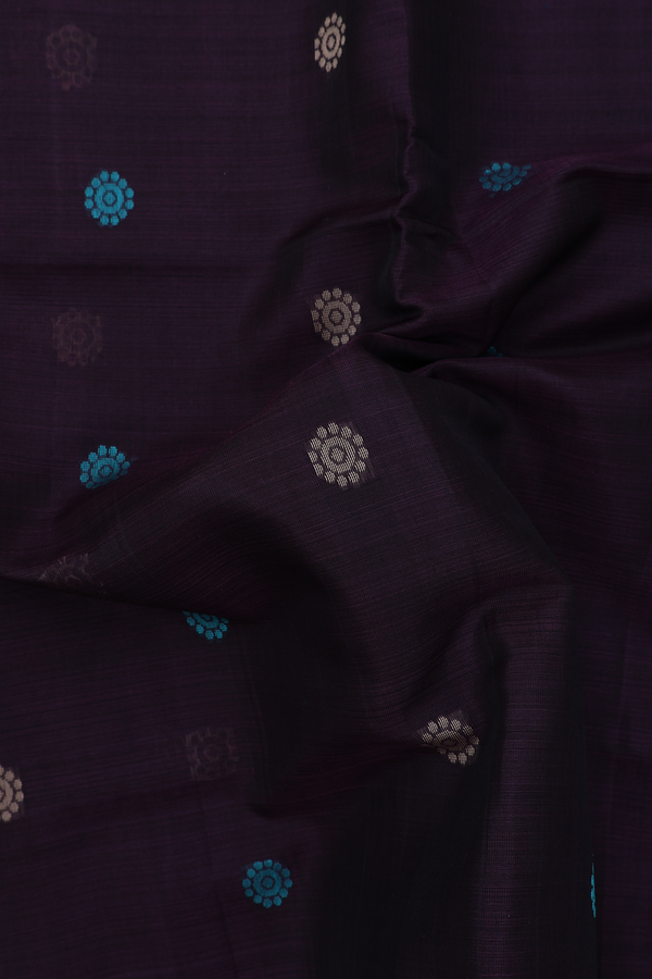 Kora Silk Cotton Saree In Dark Oak Brown With Threadwork Buttas