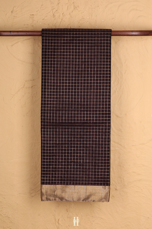Kora Silk Cotton Saree In Dark Oak Brown With Checks Design