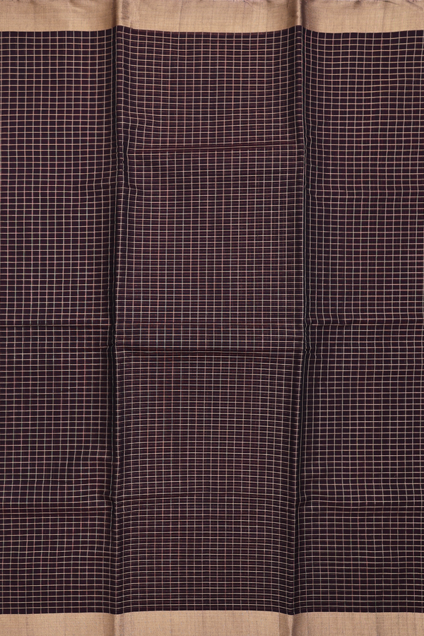 Kora Silk Cotton Saree In Dark Oak Brown With Checks Design