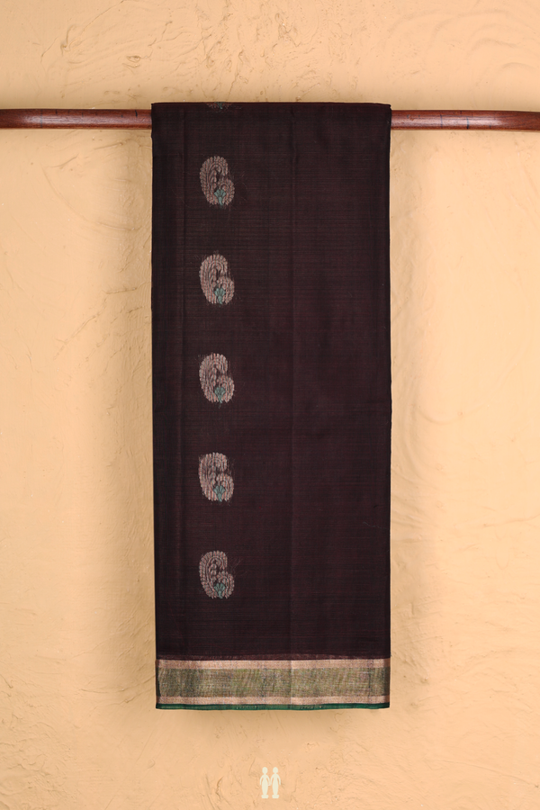 Kora Silk Cotton Saree In Dark Oak Brown With Paisley Buttas