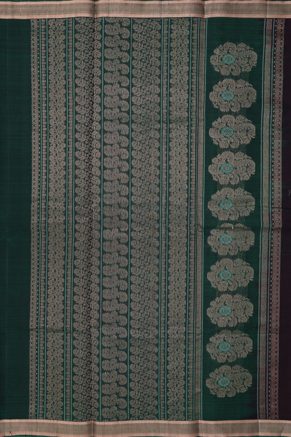 Kora Silk Cotton Saree In Dark Oak Brown With Paisley Buttas