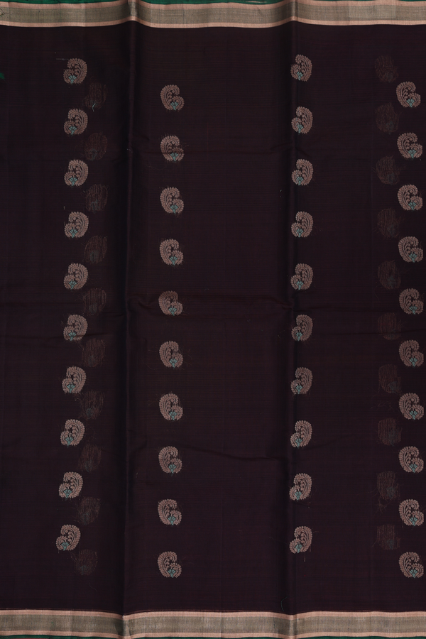 Kora Silk Cotton Saree In Dark Oak Brown With Paisley Buttas
