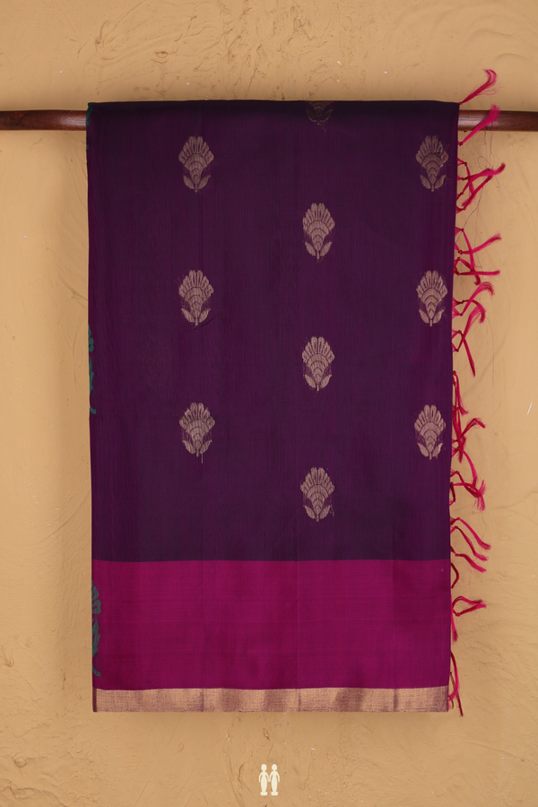 Kora Silk Cotton Saree In Deep Purple With Floral Motifs