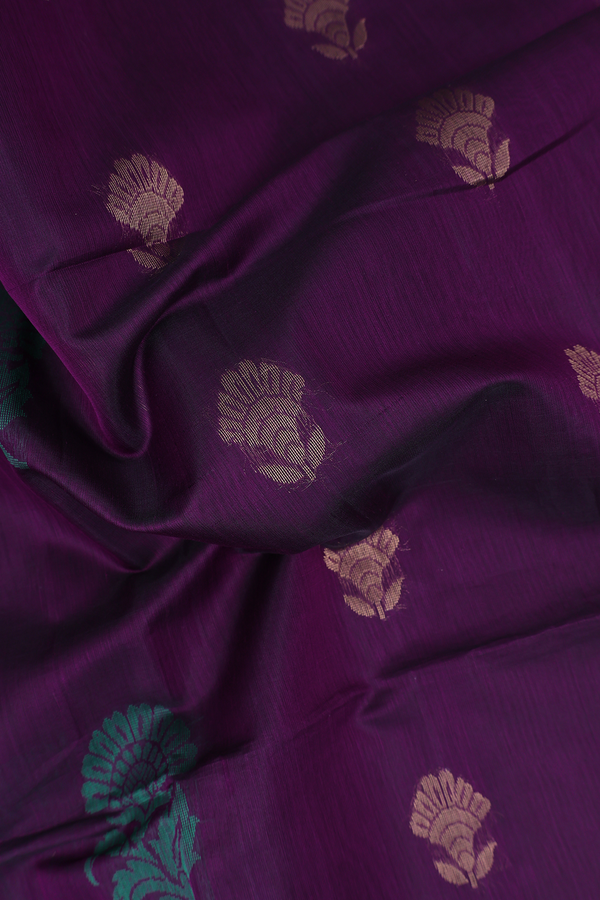 Kora Silk Cotton Saree In Deep Purple With Floral Motifs